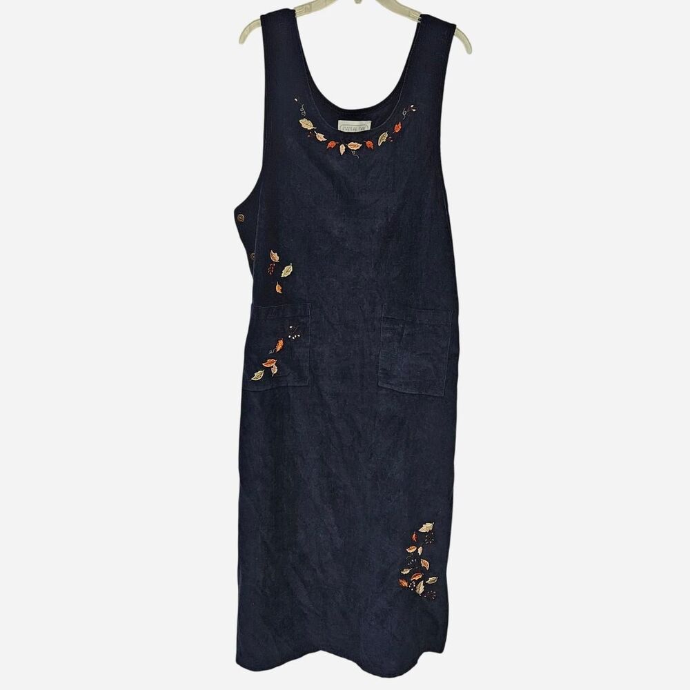90s whimsical twee fall leaves navy corduroy maxi dress